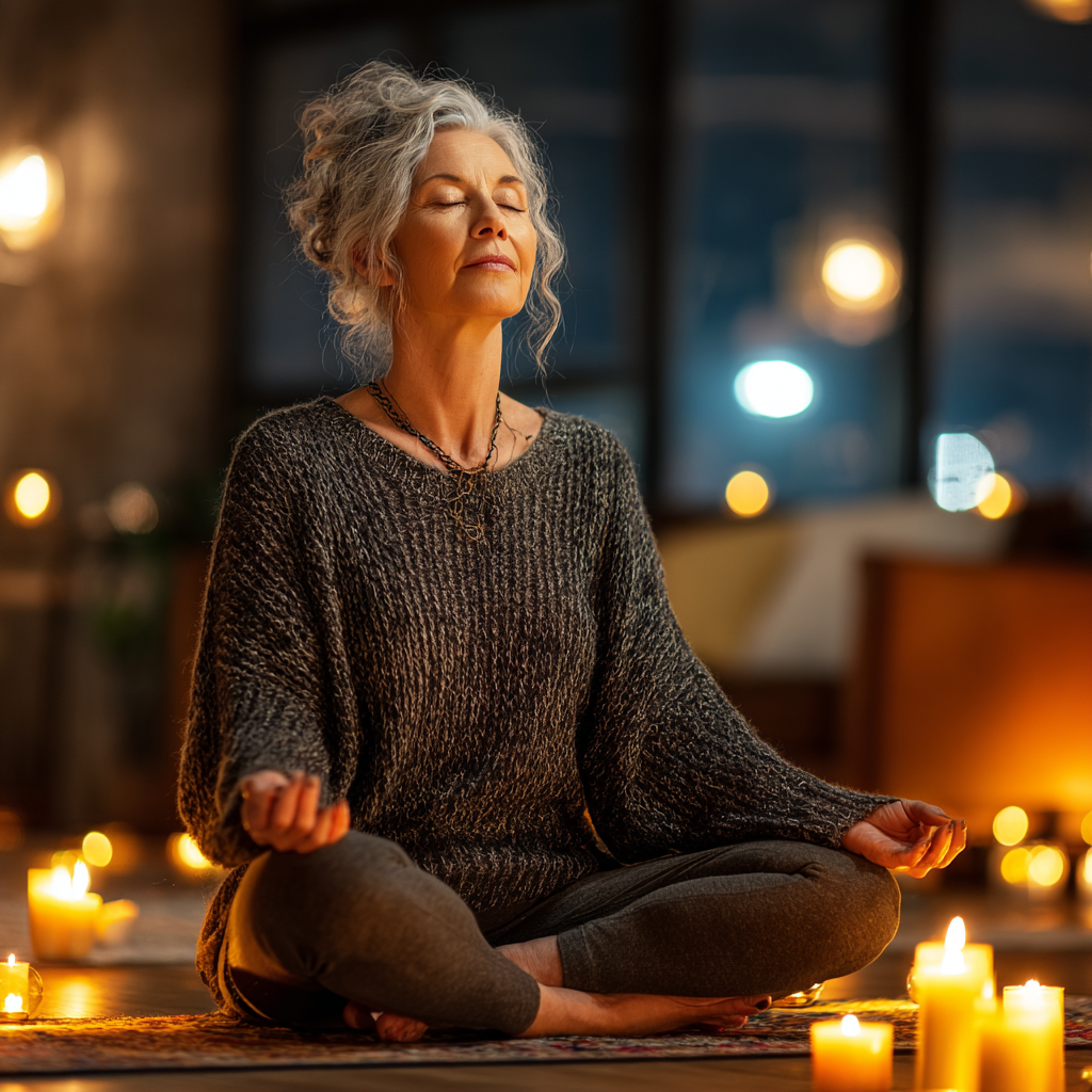 Жінка 55 років медитує у позі лотоса з закритими очима у тихій кімнаті з свічками