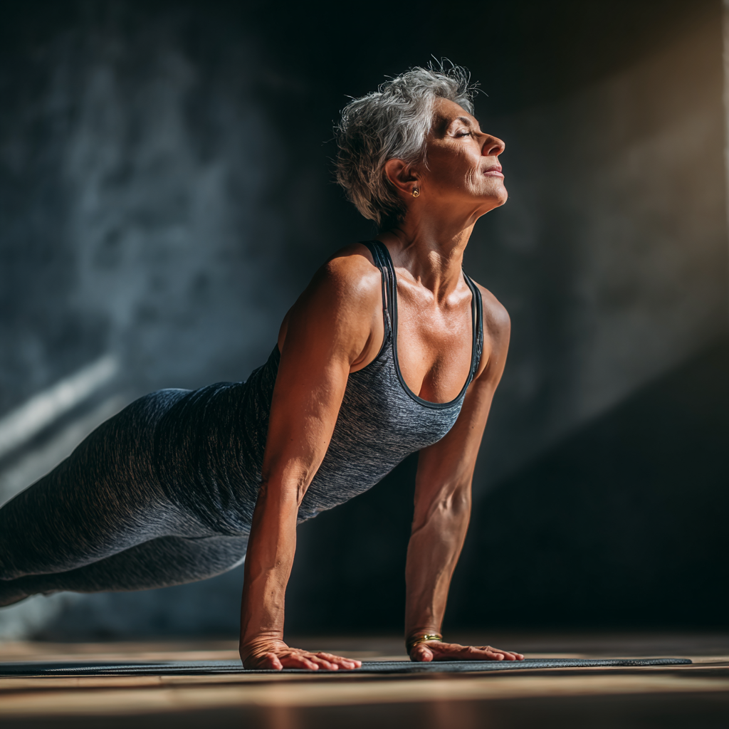 Жінка 55 років виконує асану йоги на килимку в студії з природним освітленням