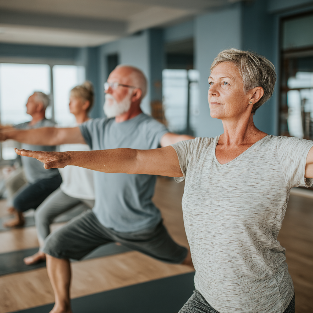 Група людей віком 50-60 років виконують асани йоги разом з інструктором у світлій студії