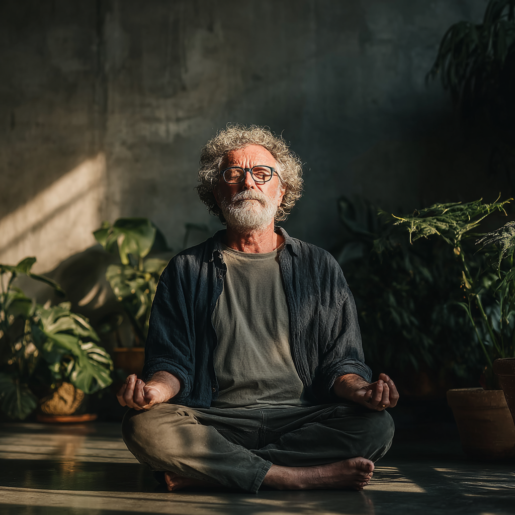 Чоловік 60 років медитує в позі лотоса у йога-студії з рослинами та природним світлом